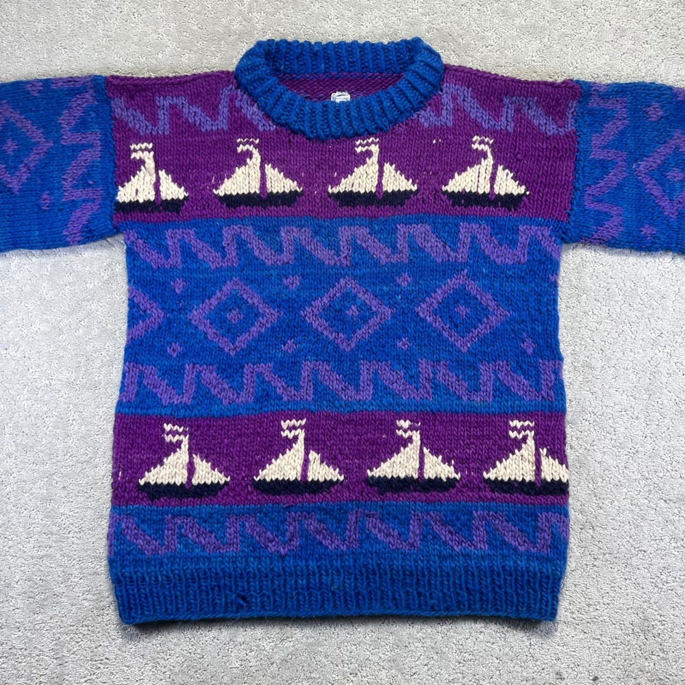 Vintage Hand Made Wool Sweater L/XL?? Sailboat Nautical Knit Blue Chunky Ecuador - Picture 2 of 16